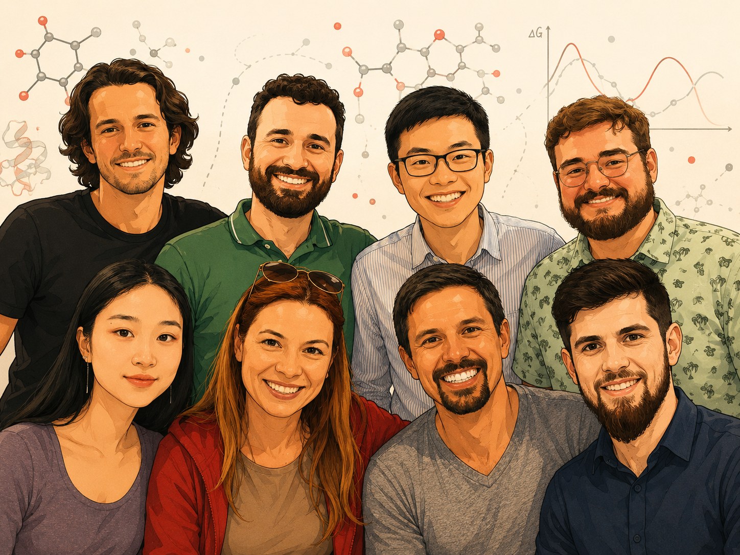 Illustrated portrait of Edina Rosta and members of the research group